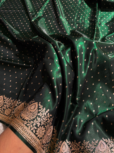 Satin Silk Saree Floral Boota in Bottle Green Shades SS28