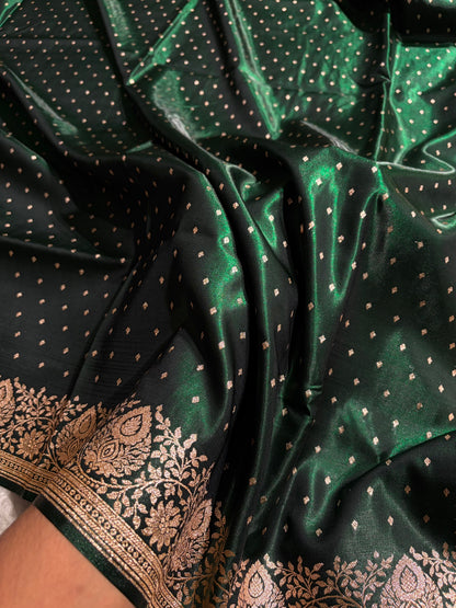 Satin Silk Saree Floral Boota in Bottle Green Shades SS28