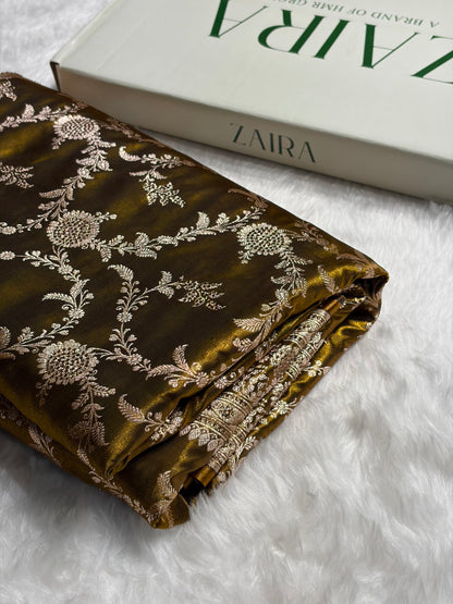 Light Weight Mehendi Satin Silk Saree with Swarovski work BSS14