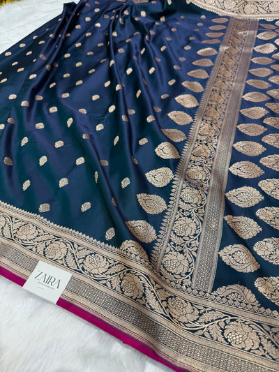 German Blue Floral Boota Mashru Silk Saree MSM 77