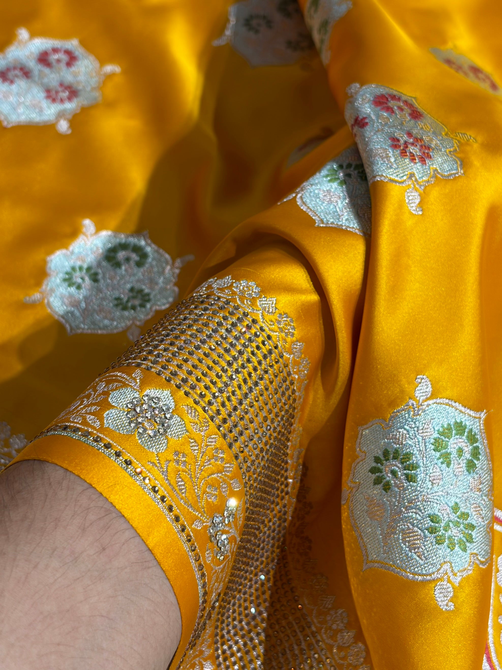 Premium Banarasi Satin Katan Saree Swarovski Work Minakari Booti Pattern in Mustard Shades BSK04
