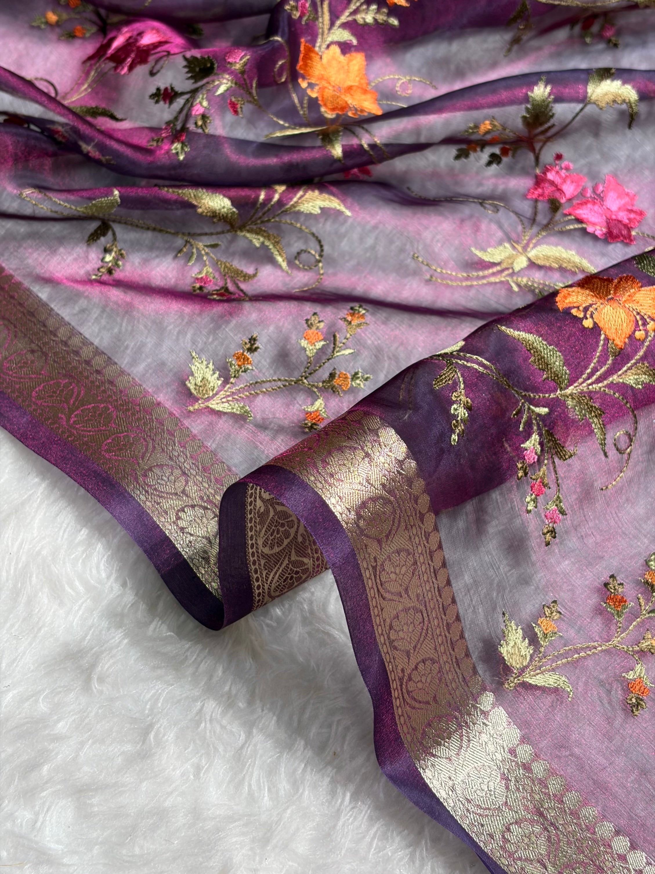 Wine Shades With Floral Embroidered Pure Tissue Silk Saree with Brocade Blouse PTE-09