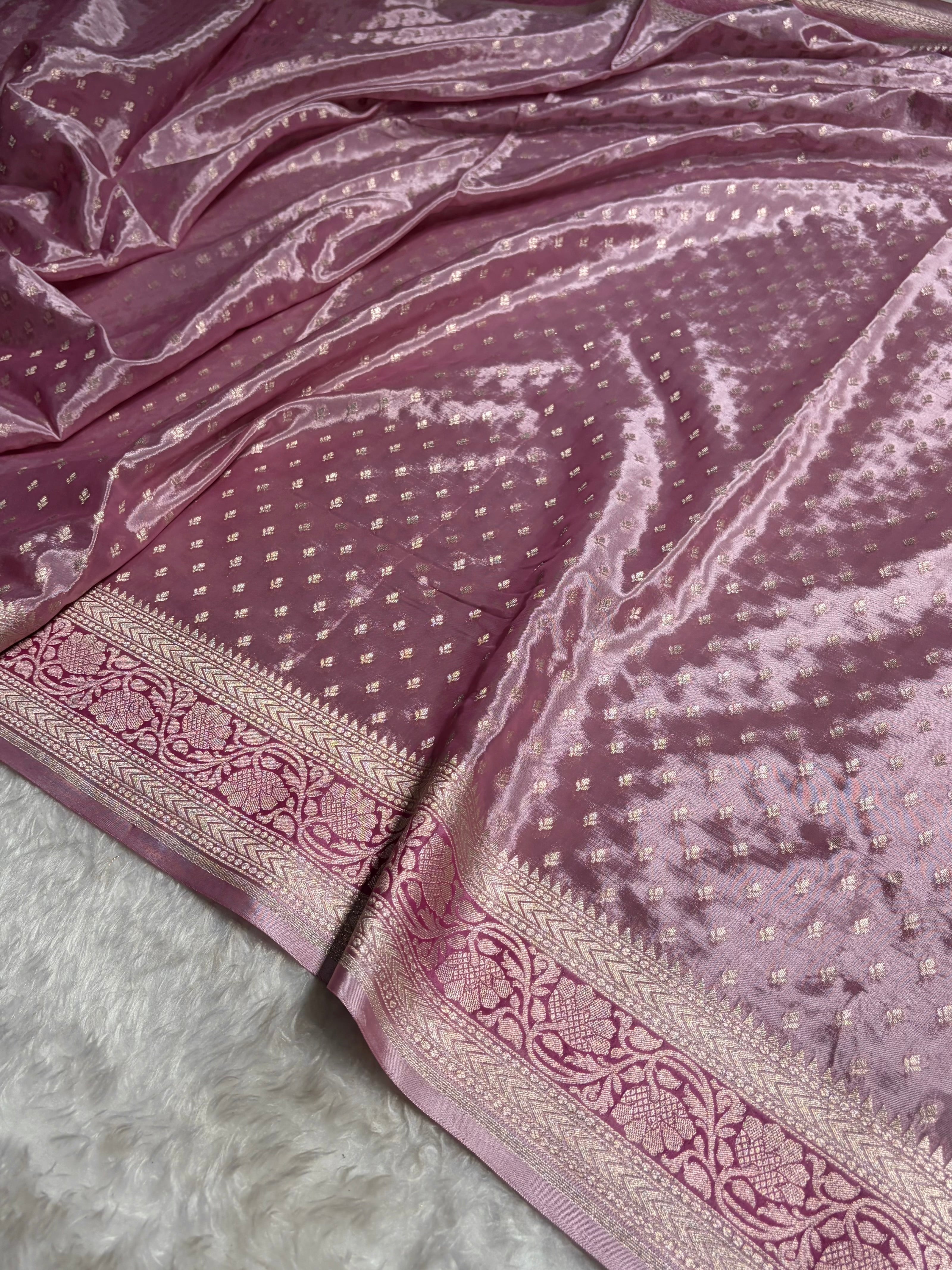Onion Pink Shade With Contrast Border Crepe Silky Katan Banarasi Saree CSK-04