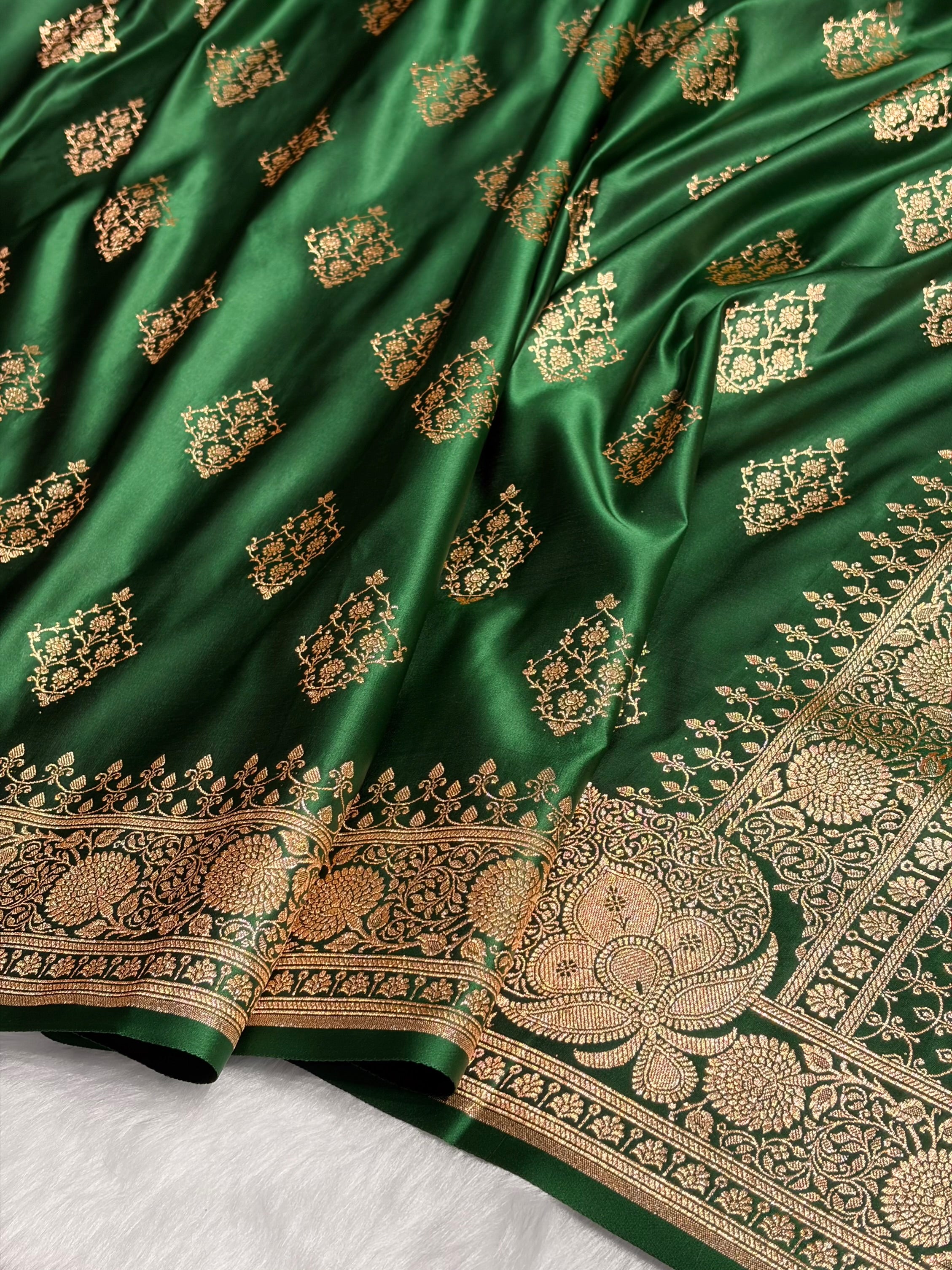 Bottle Green Floral Boota Satin Katan Silk saree SK35
