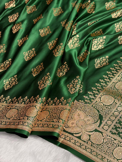 Bottle Green Floral Boota Satin Katan Silk saree SK35
