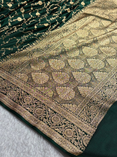 Banarasi Satin Katan Saree in Jaal Pattern Bottle Green Shades SK86