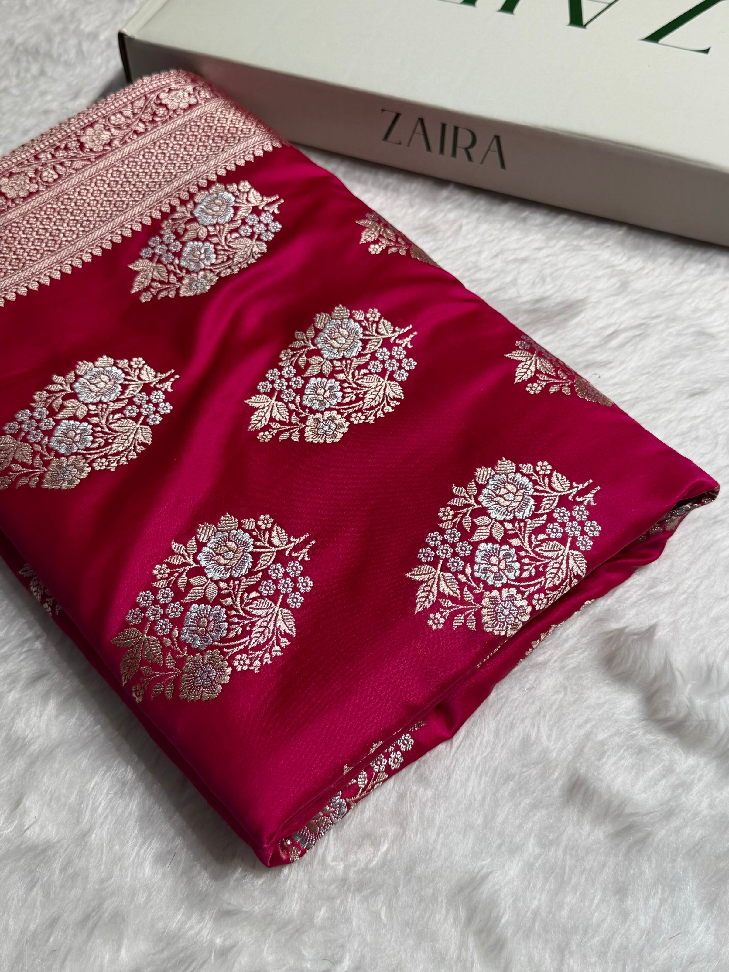 Premium Banarasi Satin Katan Saree With Minakari Boota in Rani Shades SK93