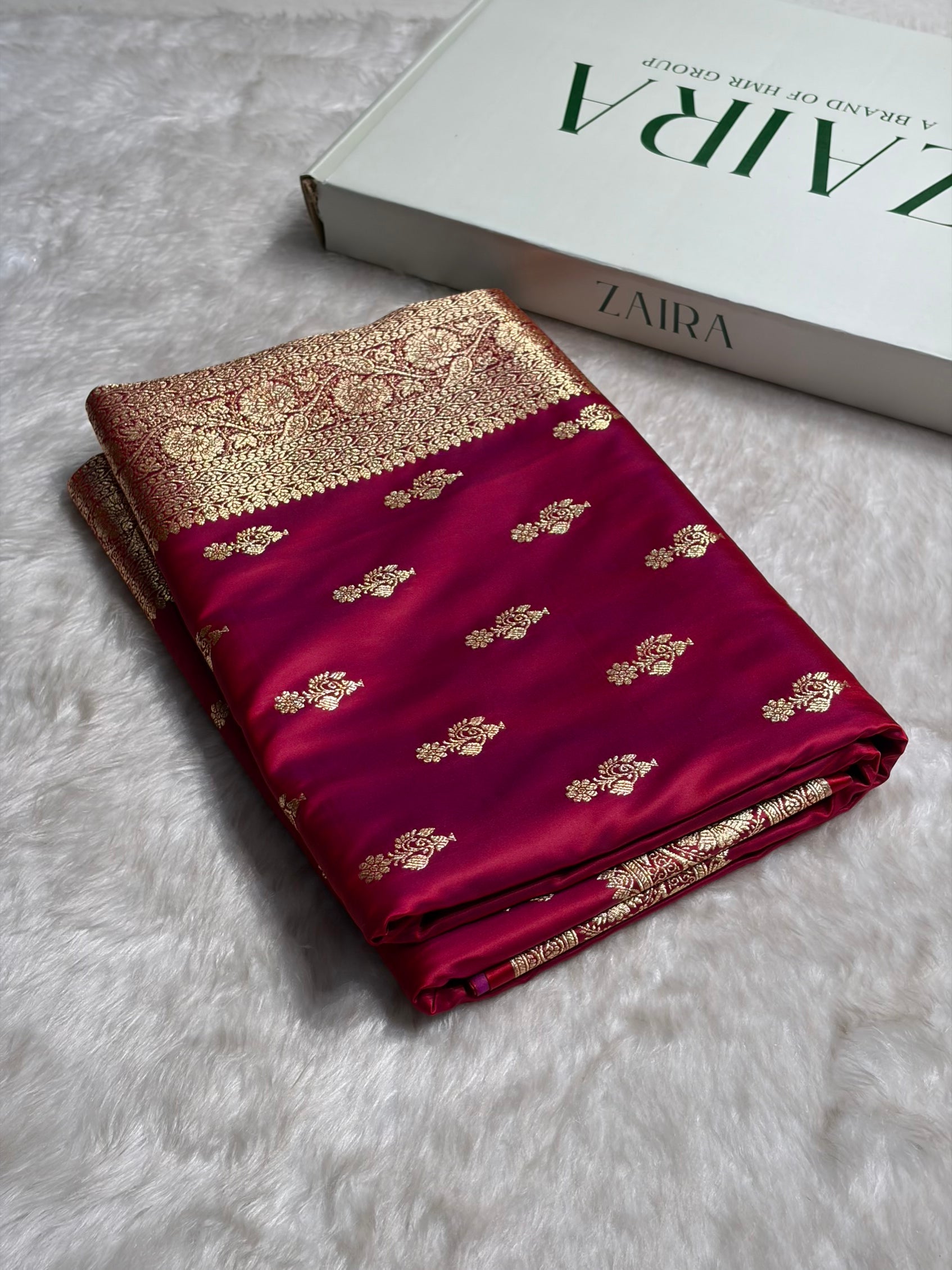 Magentic Red Unique Boota Pattern Satin Katan Silk Saree SK68