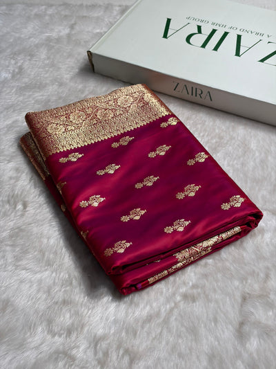 Magentic Red Unique Boota Pattern Satin Katan Silk Saree SK68