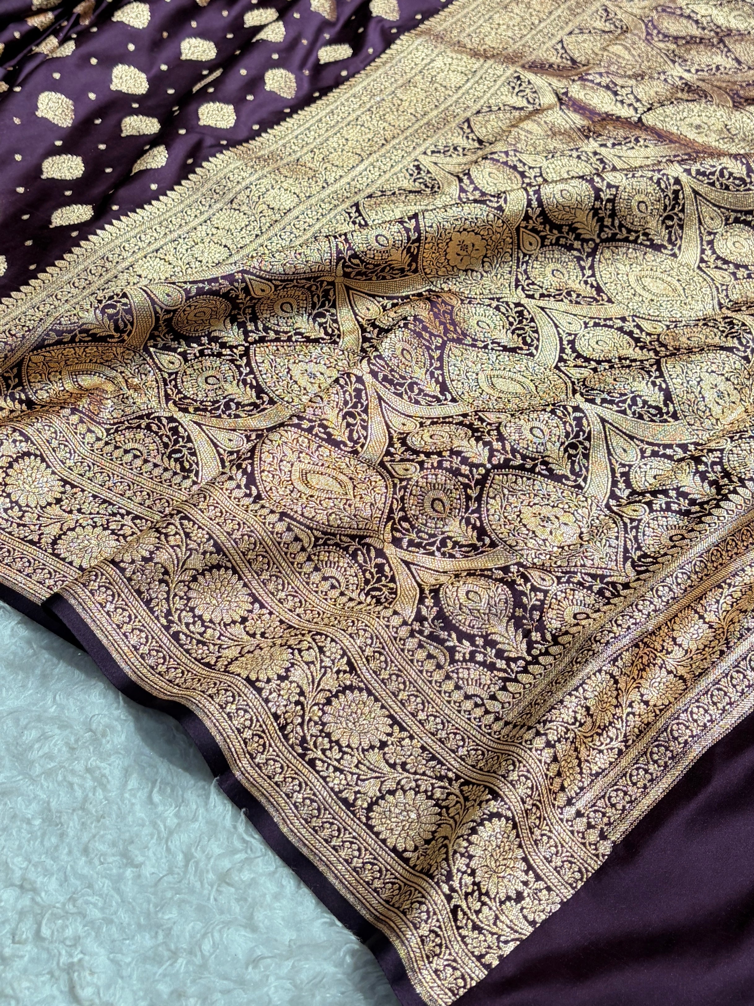 Cross Dark Wine Unique Boota Pattern Satin Katan Silk Saree SK69