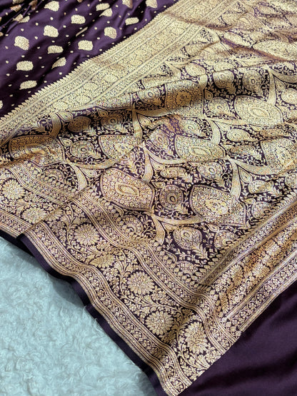Cross Dark Wine Unique Boota Pattern Satin Katan Silk Saree SK69