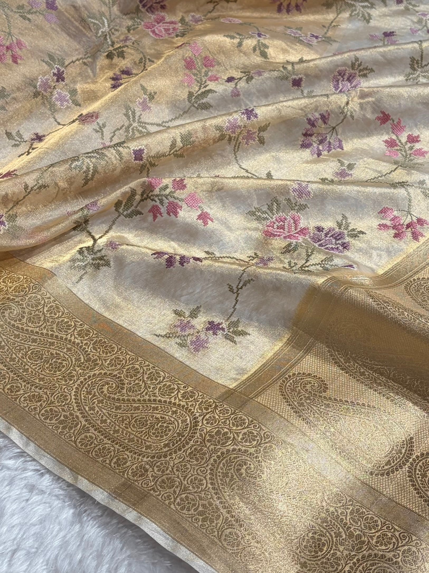 Beige Gold Shades With Floral Embroidered Pure Tissue Silk Saree with Brocade Blouse PTE-01