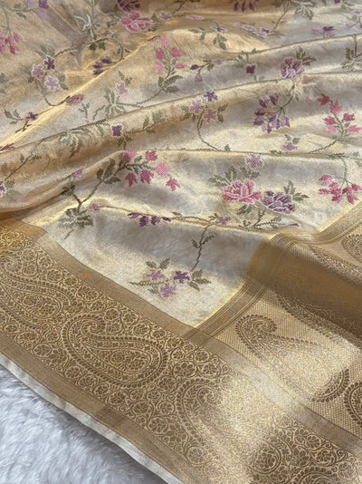 Beige Gold Shades With Floral Embroidered Pure Tissue Silk Saree with Brocade Blouse PTE-01
