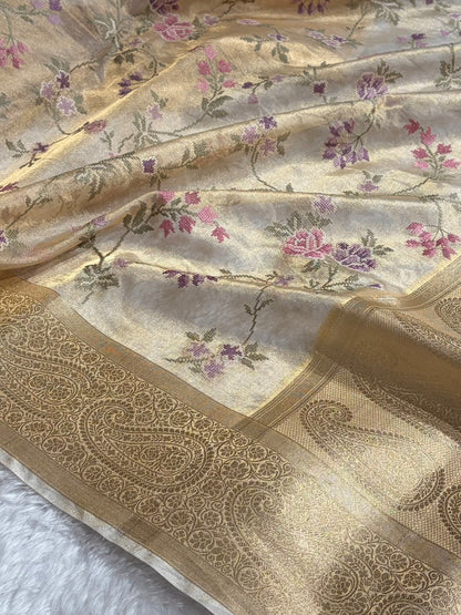 Beige Gold Shades With Floral Embroidered Pure Tissue Silk Saree with Brocade Blouse PTE-01