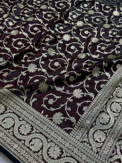 Premium Wine Banarasi Jaal Katan Silk Saree