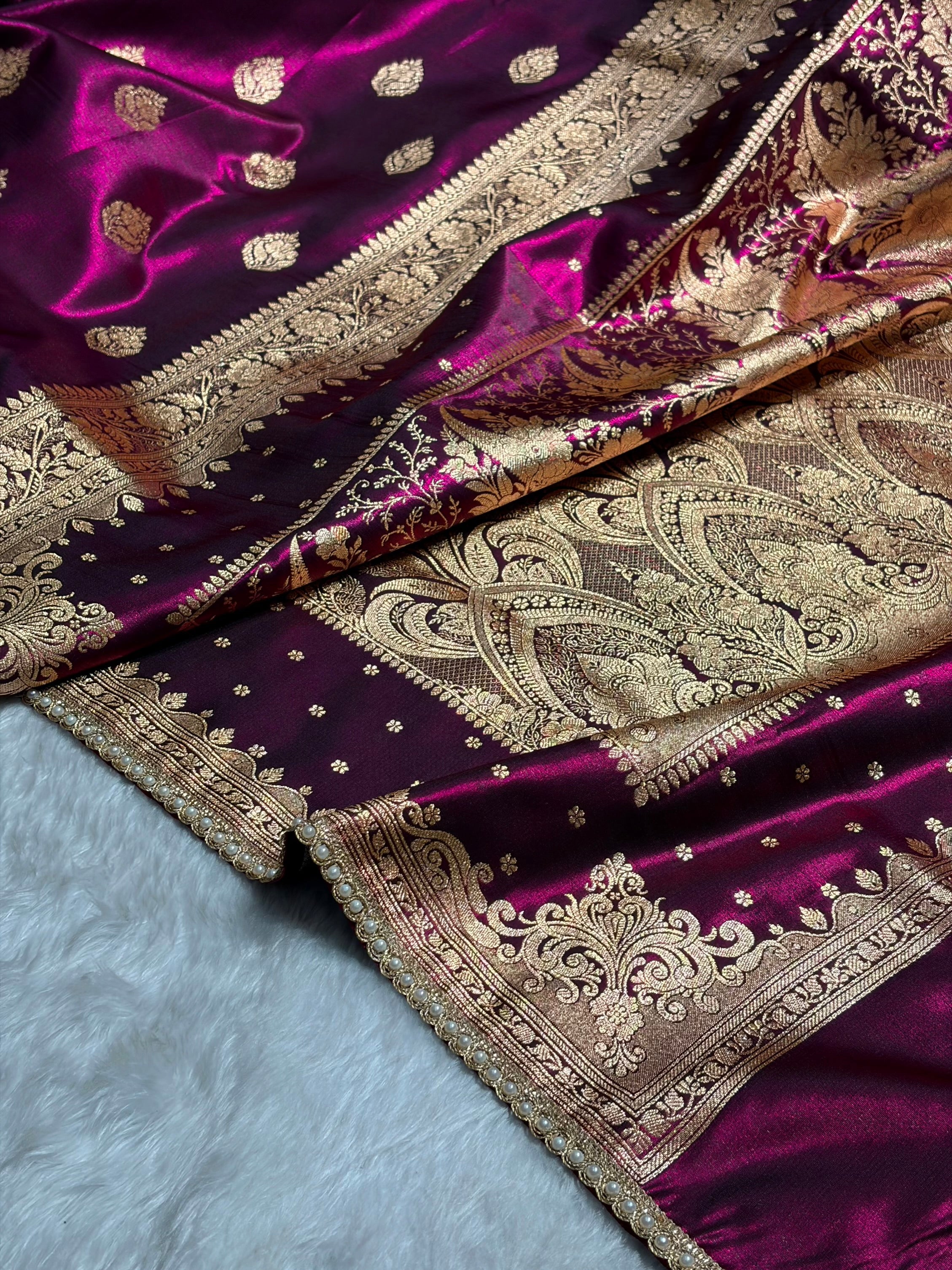 Banarasi Satin Silk Saree With Gotta Patti Booti Motif in Wine Shades SSGP20