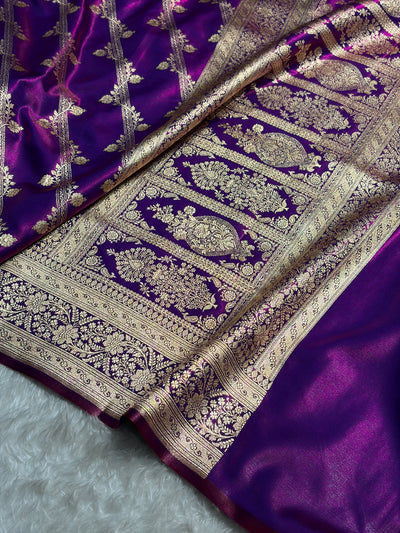 Cross Purple Shades Cross Pattern Banarasi Satin Silk Saree SS50