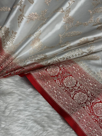 White with Red Contrast Jaal Mashru Silk Saree MCS23