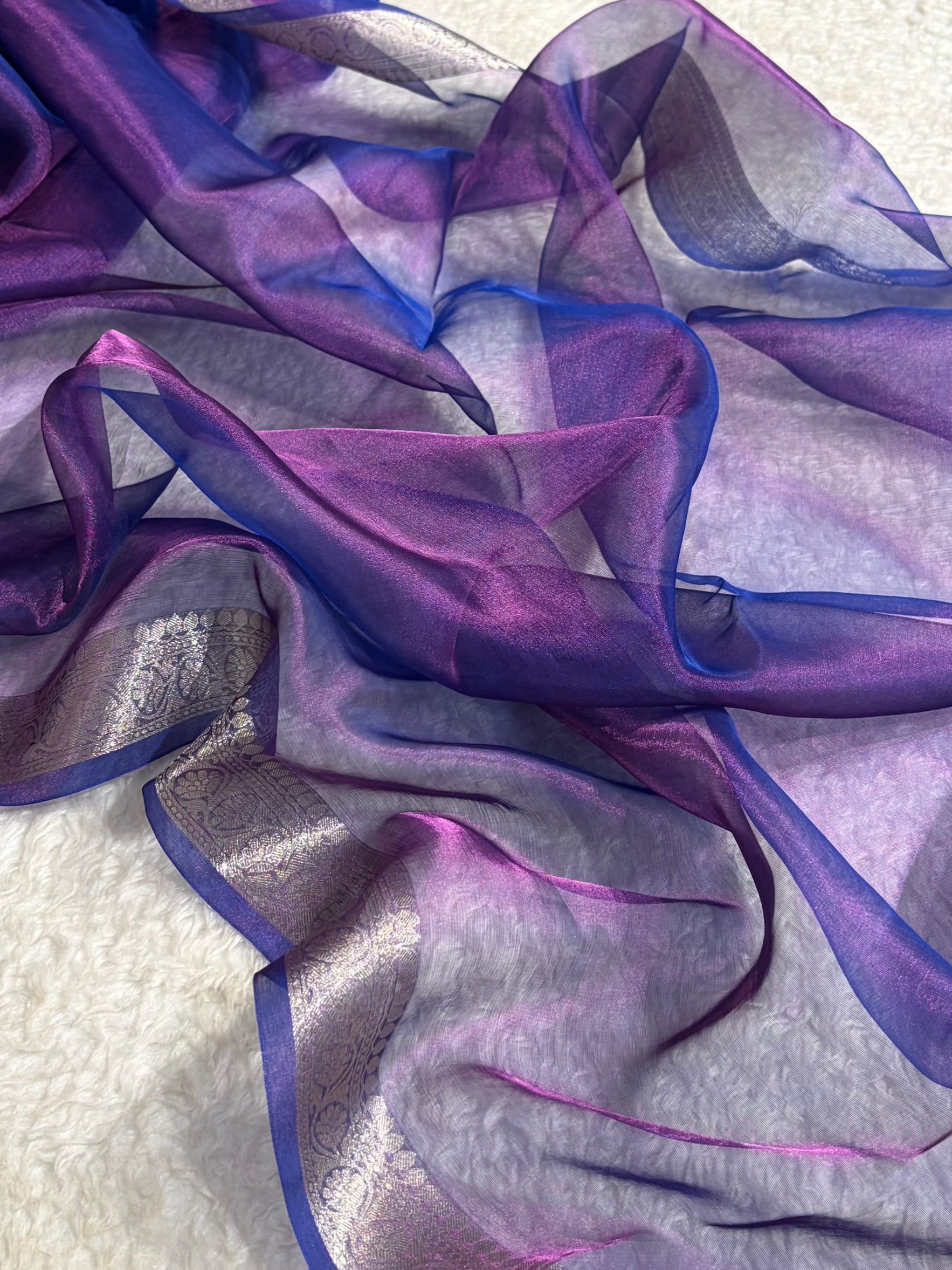 Pinkish Royal Blue Shades Pure Tissue Silk Saree with Brocade Blouse PT-09