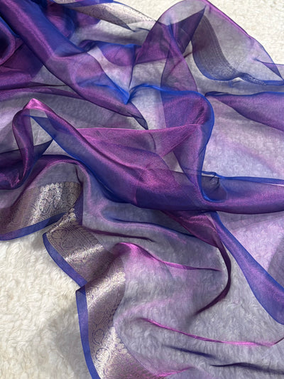 Pinkish Royal Blue Shades Pure Tissue Silk Saree with Brocade Blouse PT-09