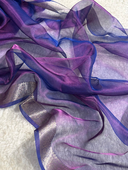 Pinkish Royal Blue Shades Pure Tissue Silk Saree with Brocade Blouse PT-09