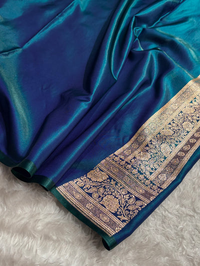 Peacock Shades Jaal Pattern Banarasi Satin Silk Saree SS48