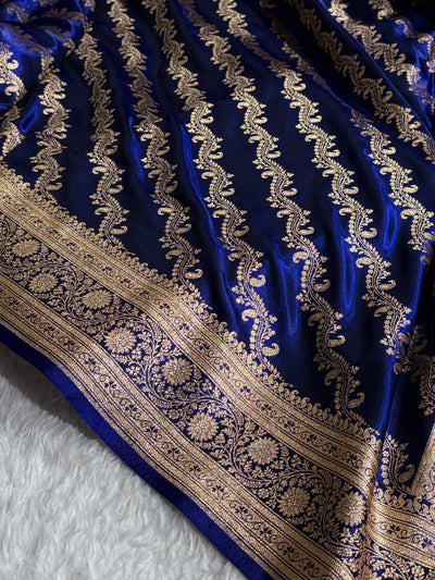 Royal Blue Shades Cross Pattern Banarasi Satin Silk Saree SS39