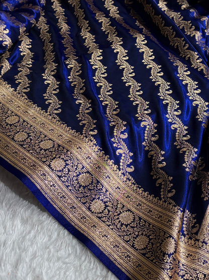 Royal Blue Shades Cross Pattern Banarasi Satin Silk Saree SS39