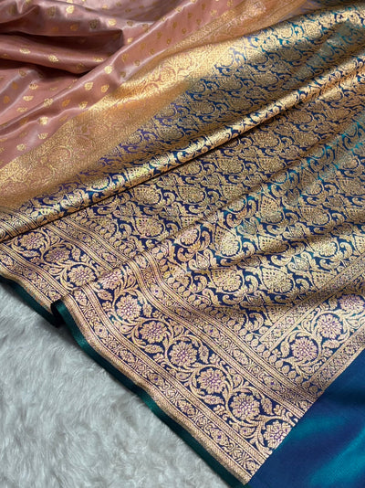 Banarasi Contrast Satin Silk Booti in Rose Gold With Peacock Shades SS01