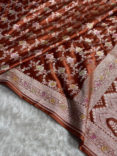 Rust Brown Shades Banarasi Minakari Floral Jaal Mashru Silk Saree MCS28