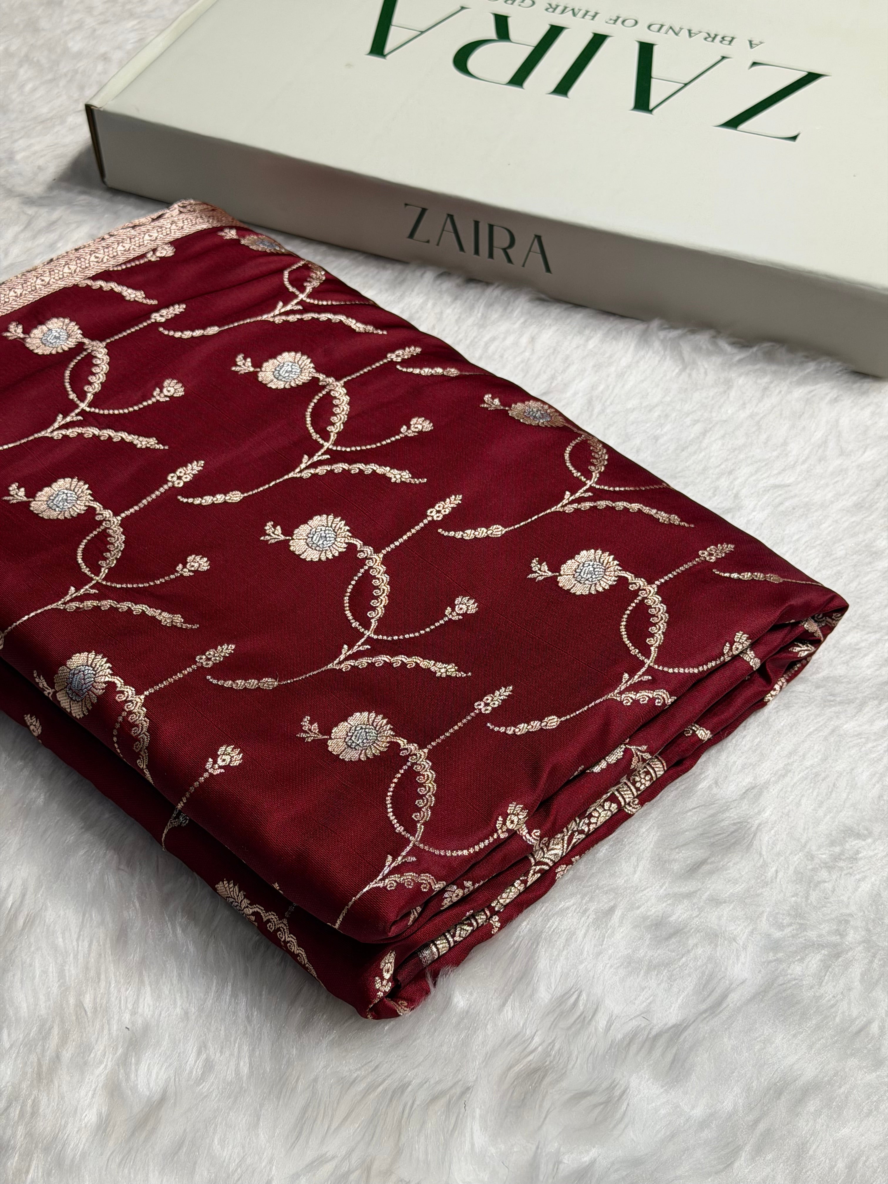 Maroon Shades Banarasi Jaal Pattern Floral Minakari Mashru Silk Saree MSM-103