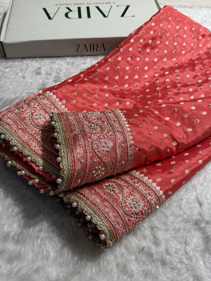 Pastel Orange Crepe Silk Katan With Zardozi and Gotta Patti Work Banarasi Saree BCSK-02