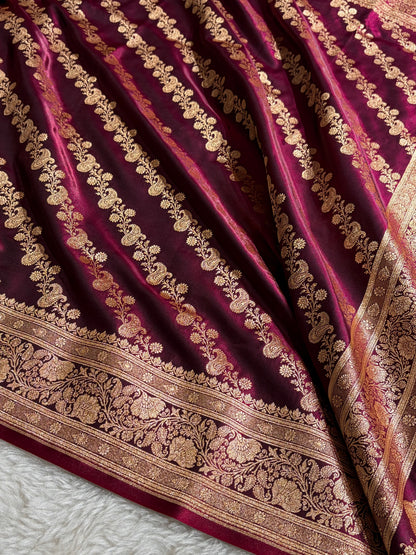 Banarasi Wine Shades Cross Pattern Banarasi Satin Silk Saree SS51
