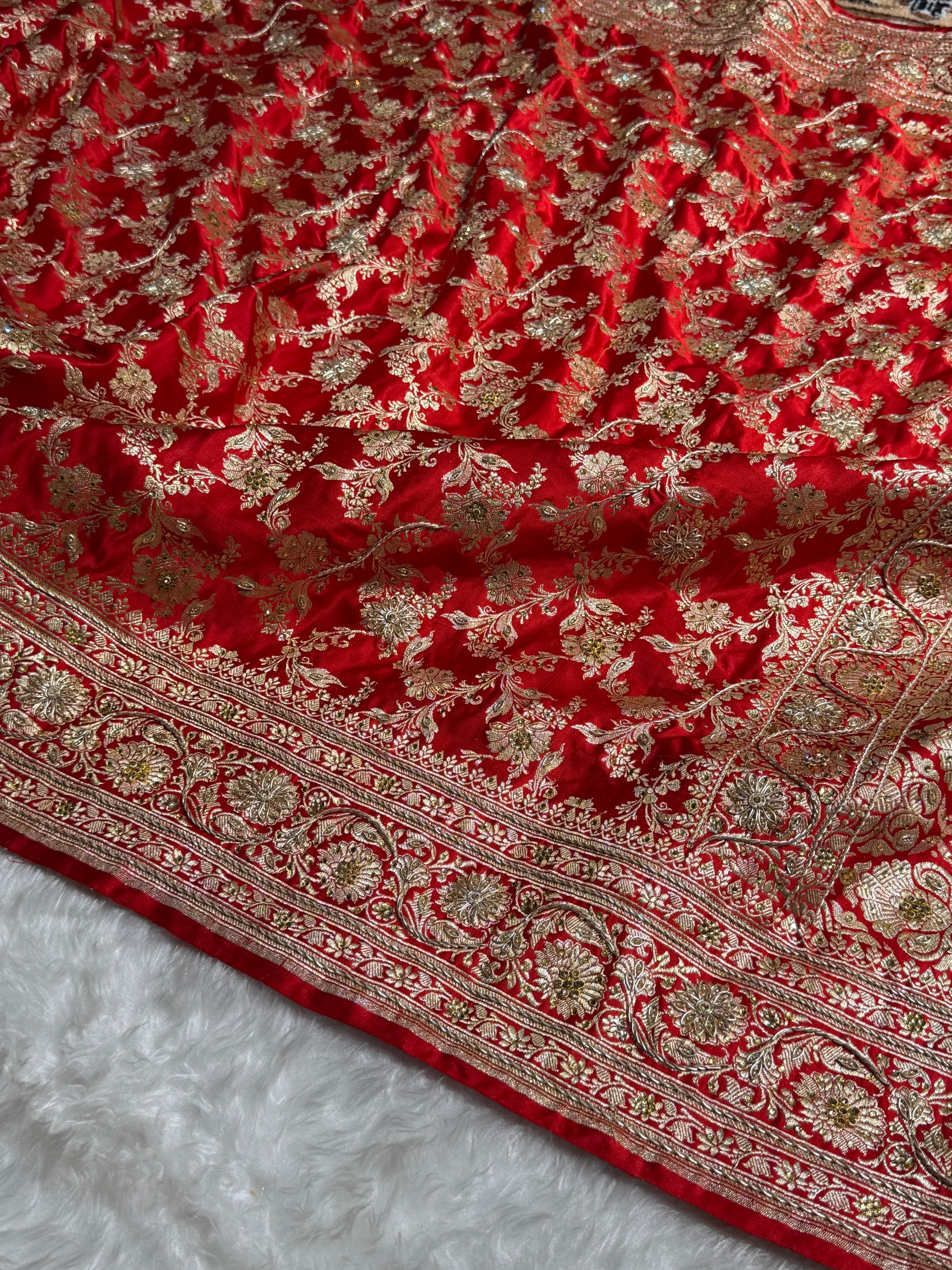 Bridal Red Pure Katan Silk Banarasi Saree with Zardozy, Ari and Stone work  PBSK01