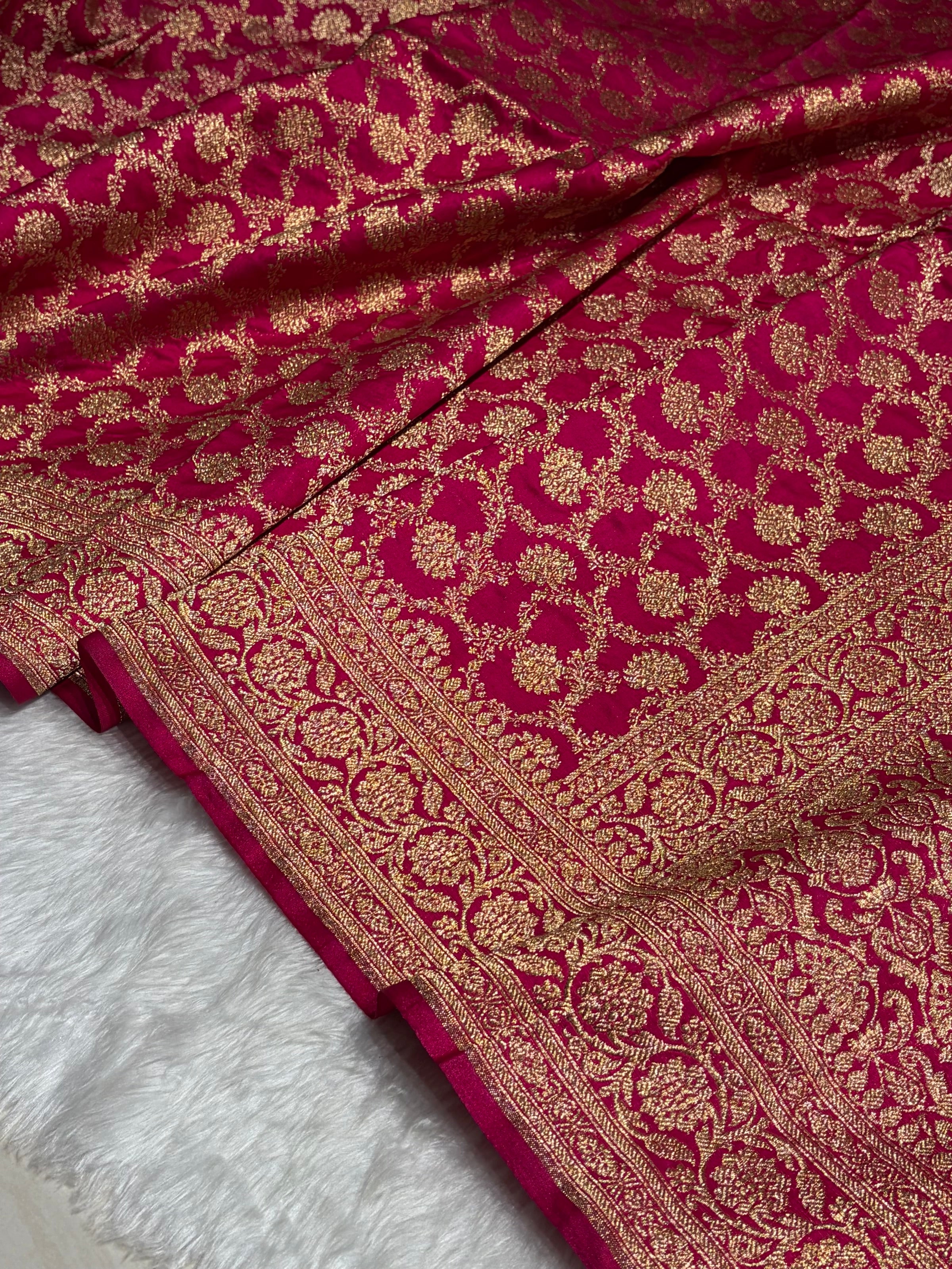 Satin Silk Jaal Pattern in Cross Rani Shades