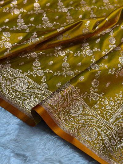 Banarasi Satin Katan Saree Jaal Pattern In Liril Mahndi Shades SK133