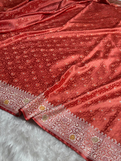 Strawberry Shades Booti Minakari Tanchoi Mashru Silk Saree MCS49
