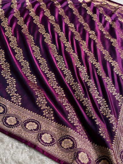 Wine Floral Cross Pattern Satin Katan Silk Saree SK74