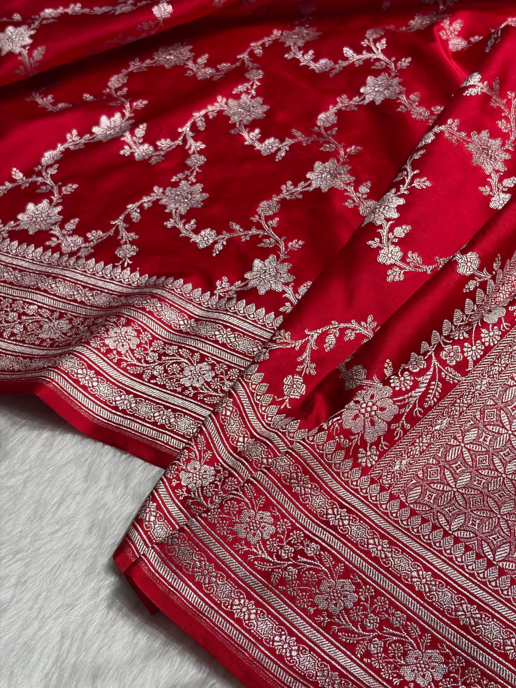 Ruby Red Floral Jaal Mashru Silk Saree MS07