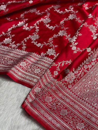 Ruby Red Floral Jaal Mashru Silk Saree MCS07