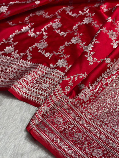 Ruby Red Floral Jaal Mashru Silk Saree MS07