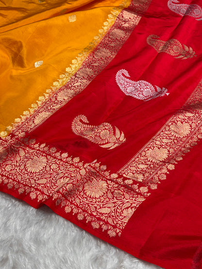 Contrast Mustard Gold With Red Boota Handwoven Pure Katan Raw Mango Silk RM-33