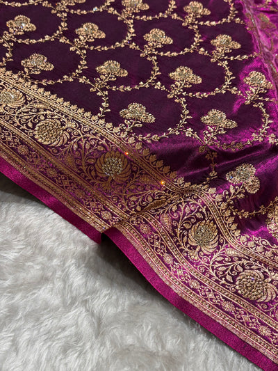 Satin Silk Saree Banarasi Swarovski Work Jaal in Wine Shades BSS23 (R)