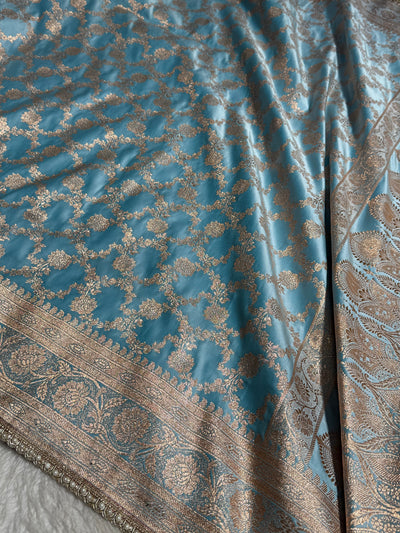 Banarasi Satin Katan Silk Saree In Sky Blue Shades with gotta Patti
