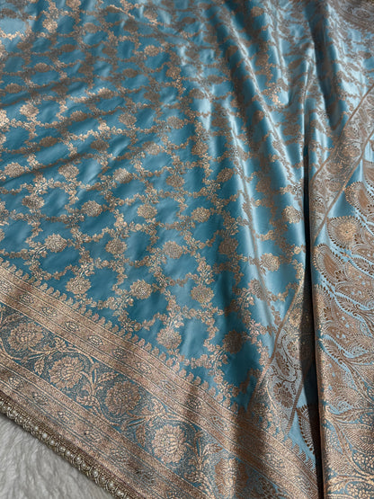 Banarasi Satin Katan Silk Saree In Sky Blue Shades with gotta Patti