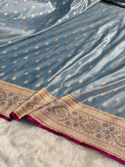 Sky Blue Swarovski Work Booti Satin Katan Silk Saree BSK10