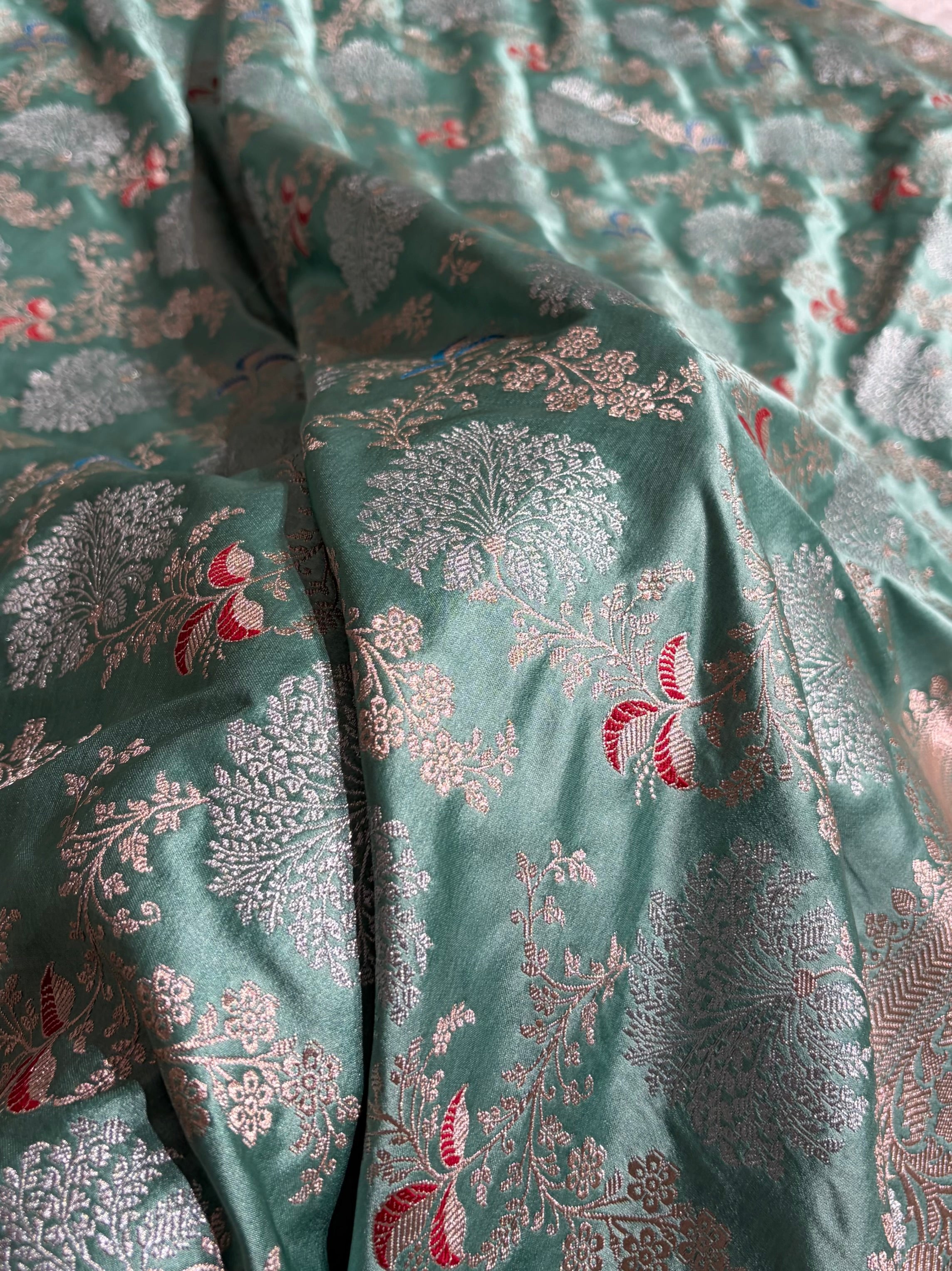 Banarasi Floral Minakari Jaal Pattern in Sea Green Shades Floral Mashru Silk Saree MCS100