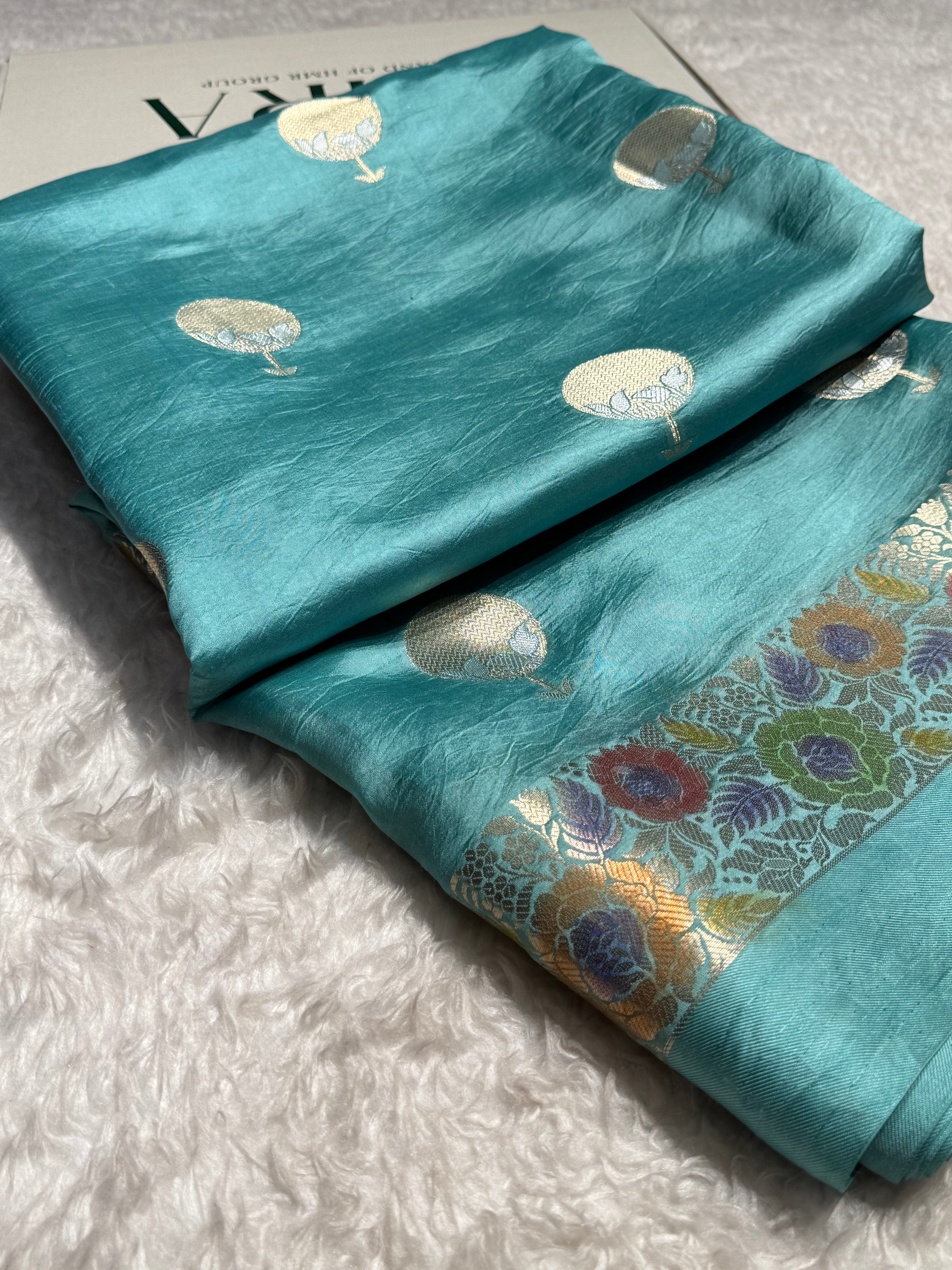 Aqua Green Flower Boota Pure Caramel Mango Silk Saree