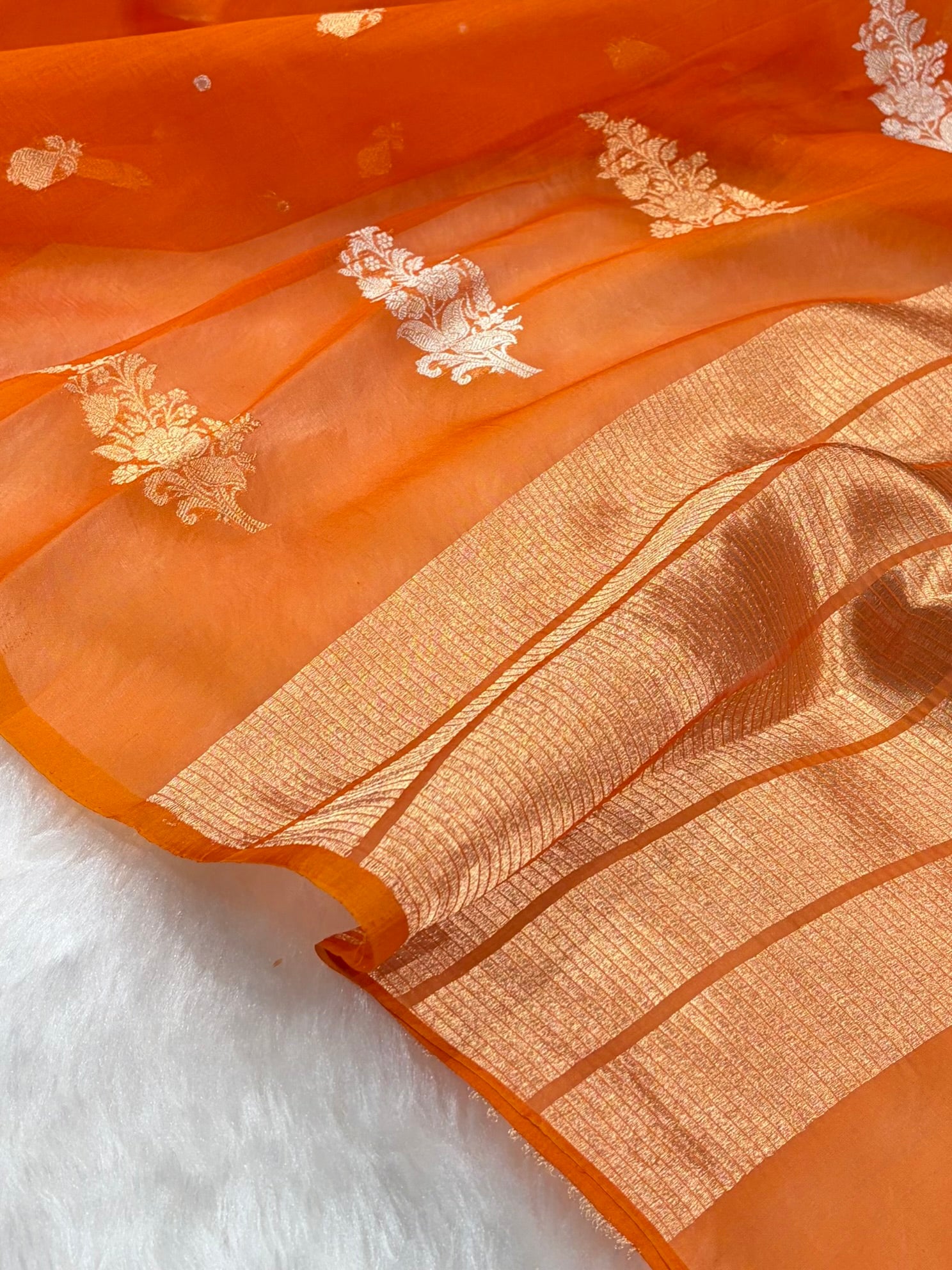 Pure Banarasi Organza Orange Shades With Minakari Floral Banarasi Silk Saree PO-24