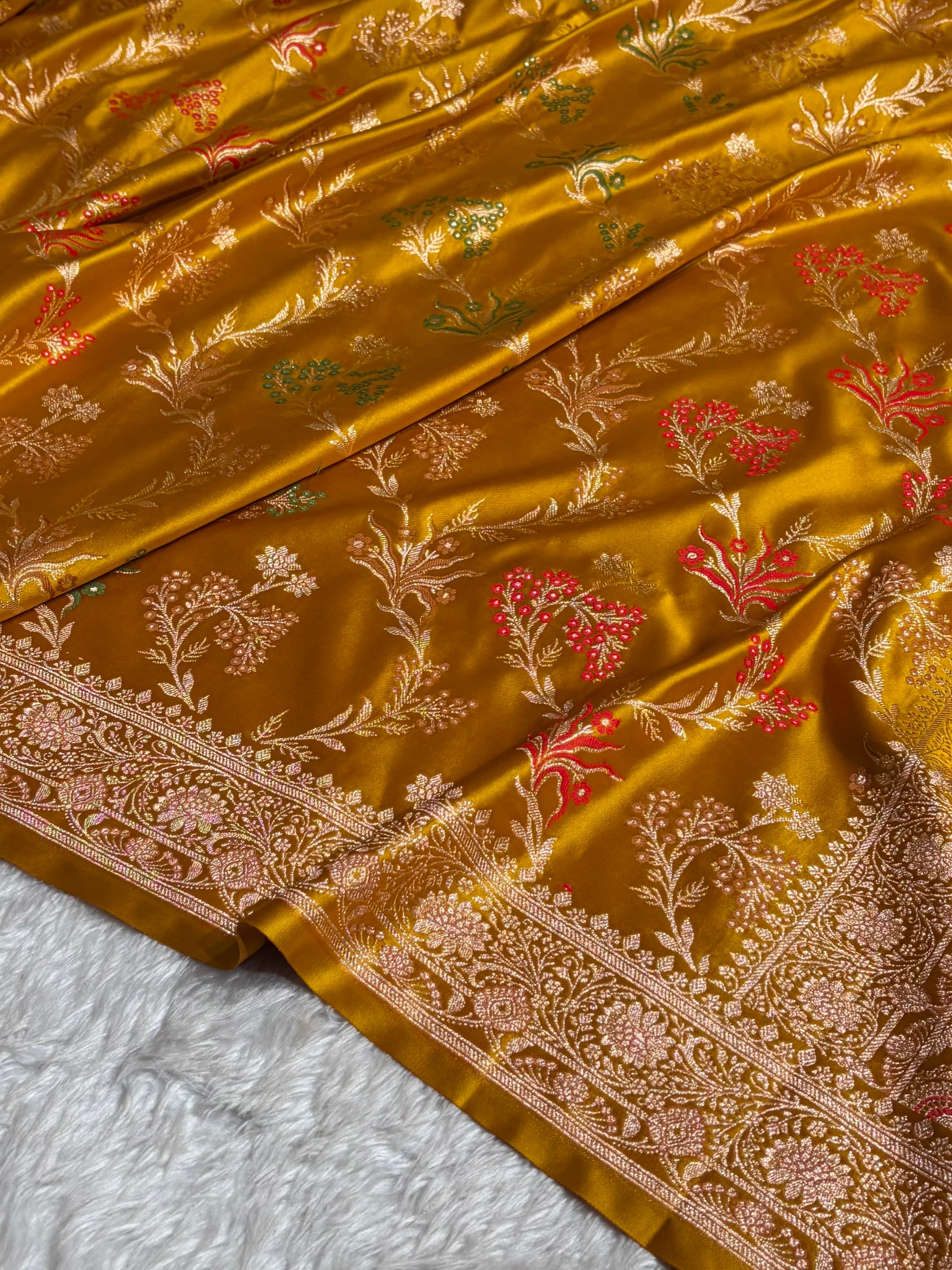Banarasi Satin Katan Saree Floral Minakari Jaal Pattern in Mustard Shades SK151